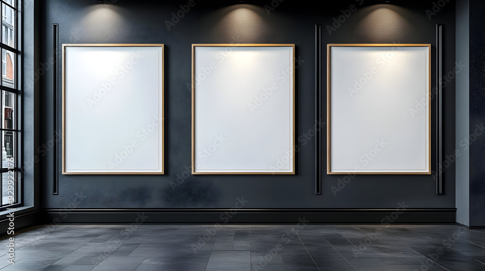 Three empty frames on a dark wall in a gallery setting. Three empty frames on a dark wall in a gallery setting.