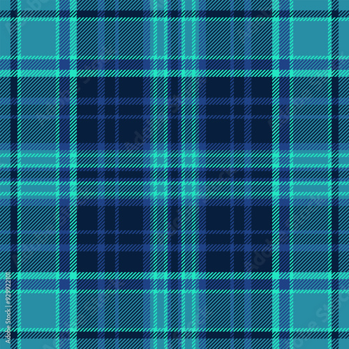 Autumn background plaid fabric, silky tartan check pattern. Colorful seamless texture textile vector in dark and cyan colors.