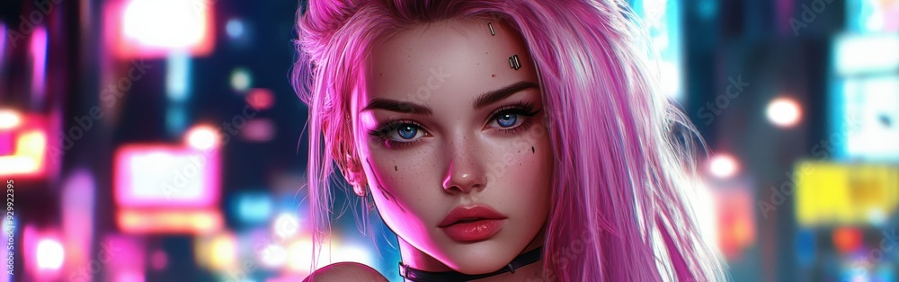 Cyberpunk girl with pink hair standing in a vibrant neon city at night Cyberpunk girl with pink hair standing in a vibrant neon city at night
