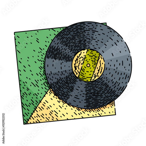 groove vynil record hand drawn. LP album, needle stylus, phonograph wax groove vynil record vector sketch. isolated color illustration