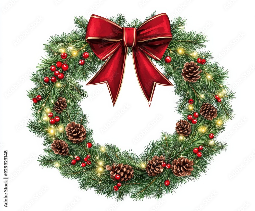 Festive Christmas wreath adorned with pinecones and red berries Festive Christmas wreath adorned with pinecones and red berries
