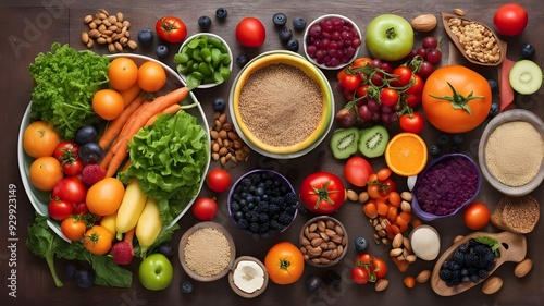 Colorful arrangement of healthy foods, visualize a table filled with fresh fruits and vegetables, whole grains, nuts, and lean proteins