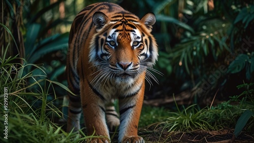 A fierce tiger crouched in the jungle