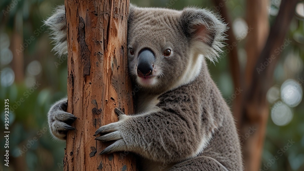 Obraz premium A gentle koala clinging to a eucalyptus tree