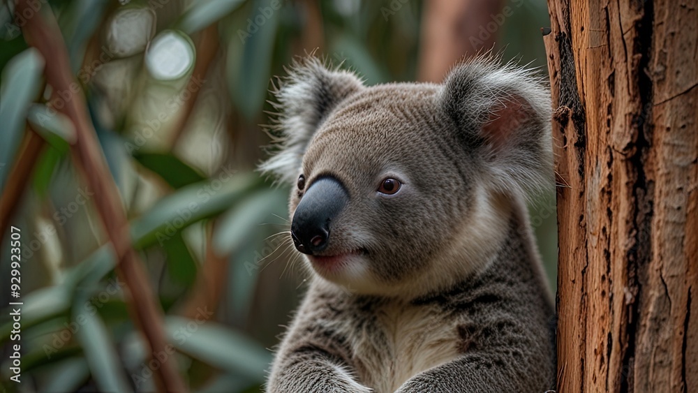 Fototapeta premium A gentle koala clinging to a eucalyptus tree