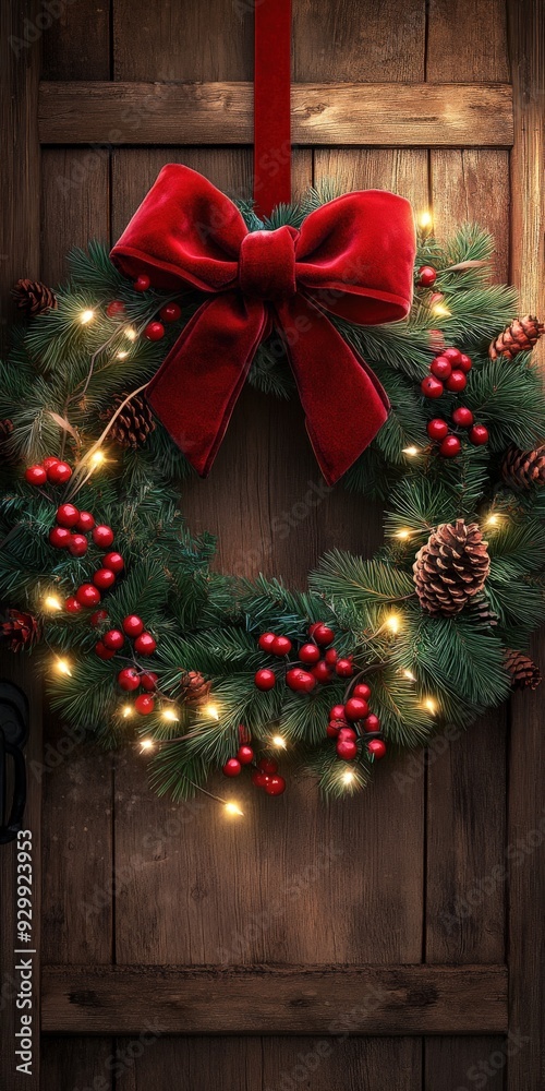 Beautiful Christmas wreath with lights and bow on a rustic wooden door Beautiful Christmas wreath with lights and bow on a rustic wooden door
