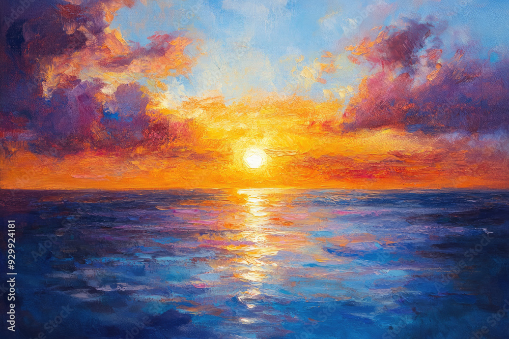 Sunset Over the Ocean Oil Painting in Vibrant Colors Sunset Over the Ocean Oil Painting in Vibrant Colors