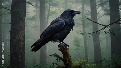 A majestic black crow perched on a gnarled tree branch, set against a foggy forest background