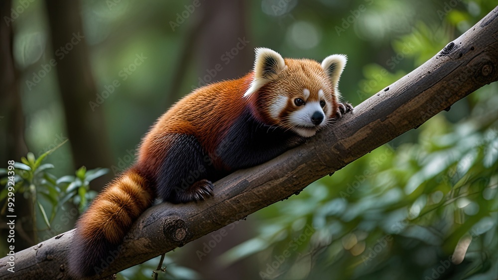 A striking red panda lounging on a tree branch A striking red panda lounging on a tree branch