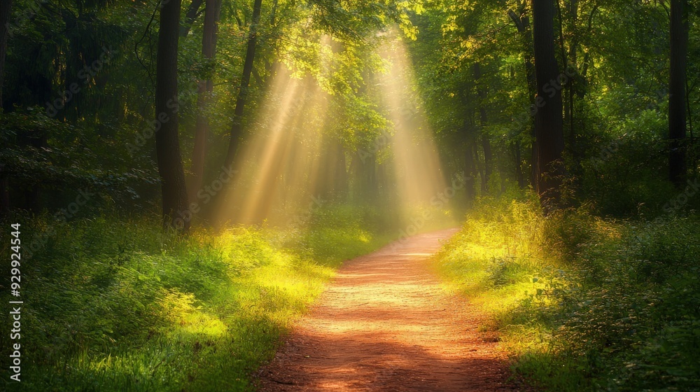 Obraz premium Sunlight breaking through trees on a forest path in summer