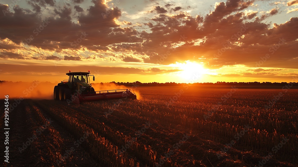 Tractor harvesting wheat in a field during a beautiful sunset. Tractor harvesting wheat in a field during a beautiful sunset.