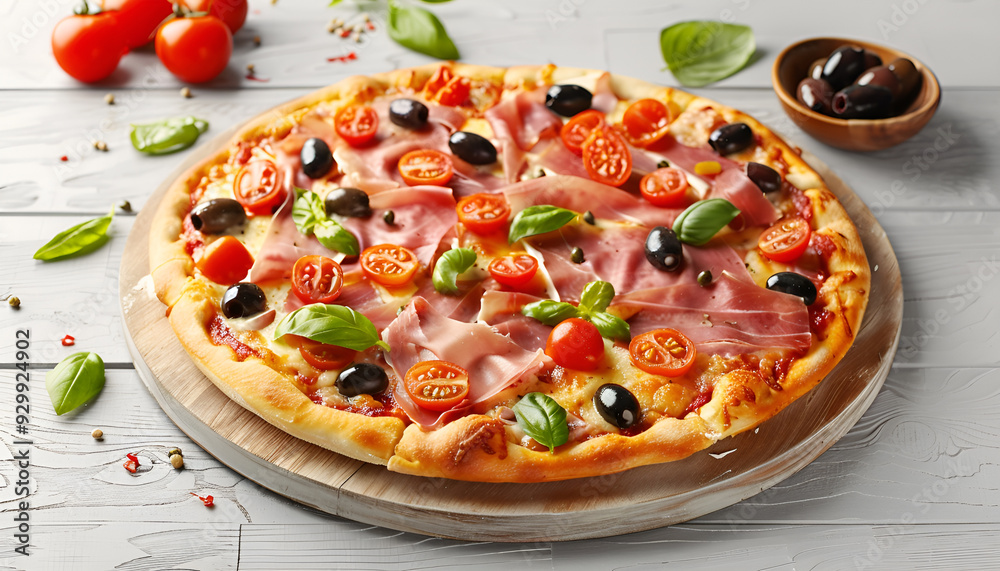 Tasty pizza with cured ham, olives, tomatoes and basil on gray wooden table, flat lay Tasty pizza with cured ham, olives, tomatoes and basil on gray wooden table, flat lay