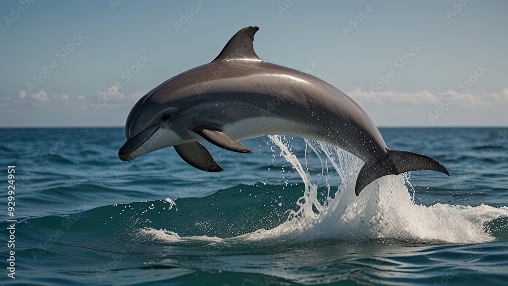 Fototapeta premium A playful dolphin leaping out of the ocean