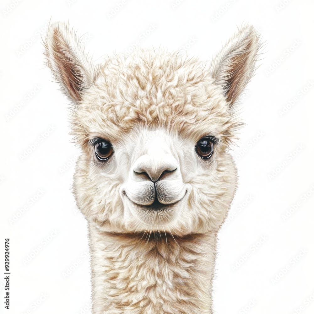 Fototapeta premium Isolated close-up of a llama face on a white background, cutout in transparent