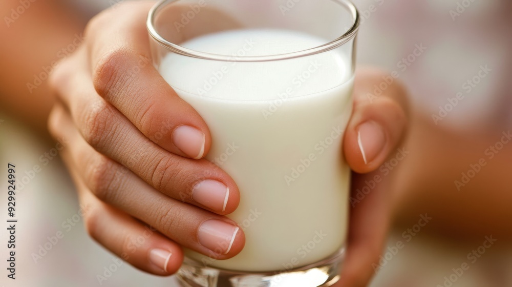 An isolated hand holds a glass of milk on a white background, surrounded by transparent circles An isolated hand holds a glass of milk on a white background, surrounded by transparent circles