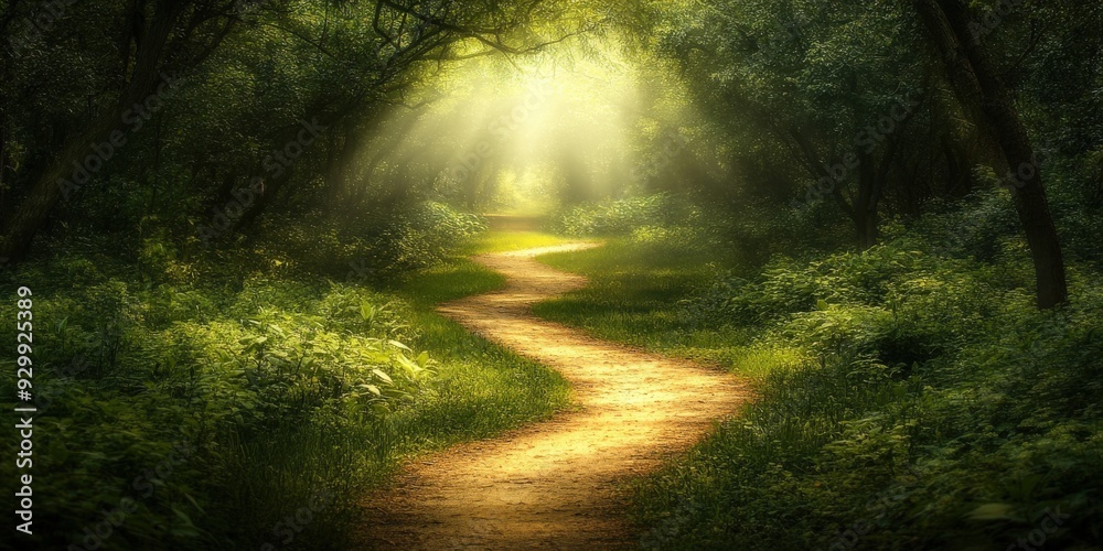 Fototapeta premium Winding path through a sunlit forest during a tranquil afternoon