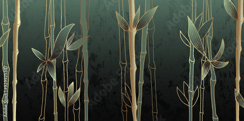 Luxury watercolor art background with golden bamboo leaves in line art style. Botanical abstract green banner for print, decoration, wallpaper, textile, interior design.