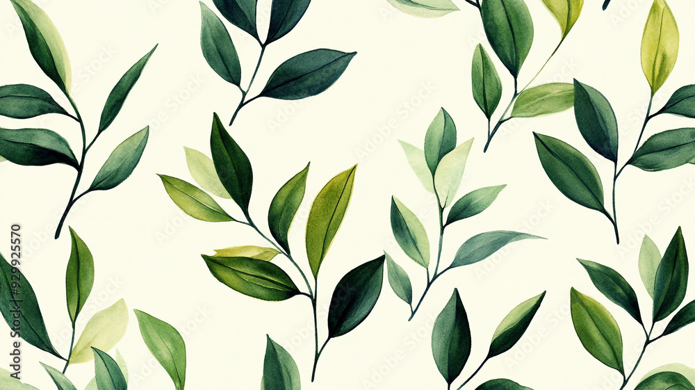 Green botanical leaves pattern on a light background showcasing varying shapes and sizes Green botanical leaves pattern on a light background showcasing varying shapes and sizes