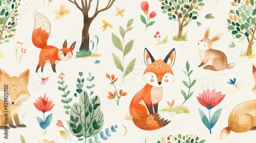 Watercolor Pattern with Adorable Foxes and Bunnies