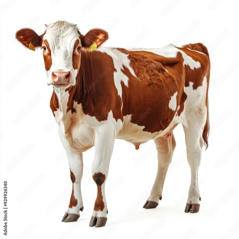 A cow is shown in full body portrait on a white background A cow is shown in full body portrait on a white background