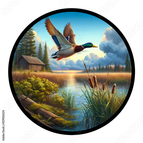 A circular 3D rendered watercolor painting of a male  Mallard duck flying, isolated on a transparent background