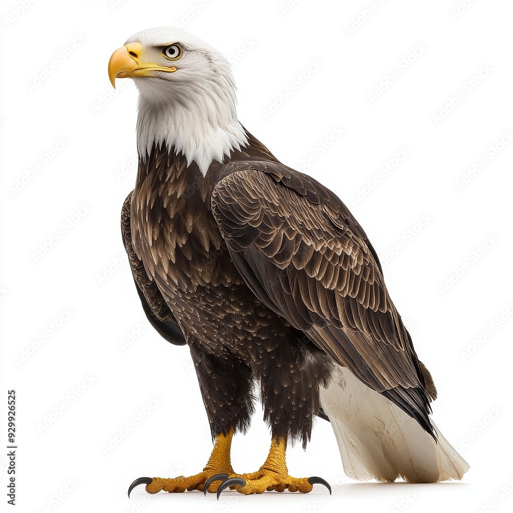 Fototapeta premium Black and white image of an American bald eagle, full body, transparent