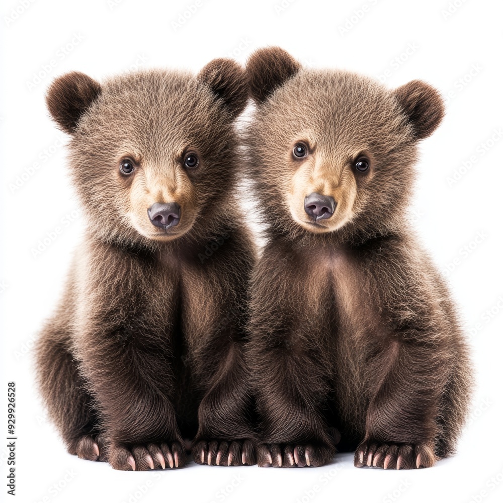 Black and white photograph of two brown bear cubs in front view Black and white photograph of two brown bear cubs in front view