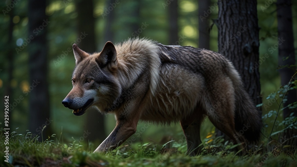A stealthy wolf prowling through the forest A stealthy wolf prowling through the forest
