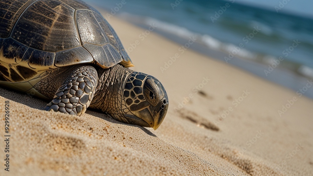 Obraz premium A tranquil turtle resting on a sandy beach
