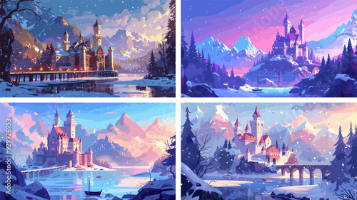 Magical winter fortress cartoon vector scenes. Mountains boulders peaks snow covered spires tower castle icy lake frost stream legendary bastion fantasy artworks