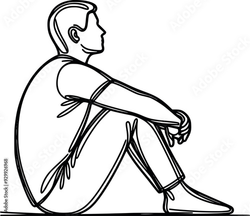 Minimalistic Line Drawing of a Contemplative Young Man Sitting in a Reflective Pose Simple Black and White Illustration for Mindfulness and Self-Reflection Themes