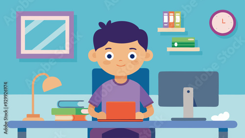 Virtual Learning Setup: A child attending an online class at home, with a neat desk setup and learning materials. 