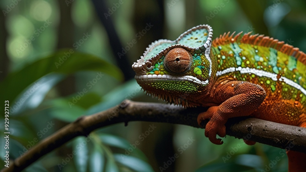 Fototapeta premium A vibrant chameleon blending into a lush rainforest