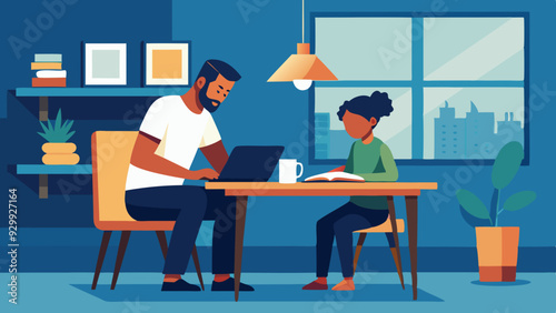 Homeschooling Environment: A parent helping their child with homeschooling in a cozy and organized home setup.
