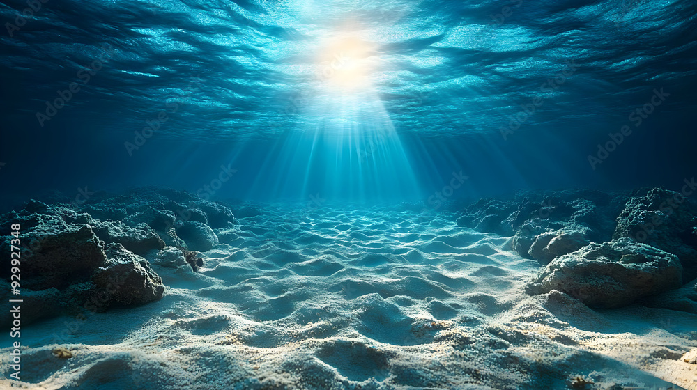 Underwater scene with sunlight illuminating sandy ocean floor. Underwater scene with sunlight illuminating sandy ocean floor.