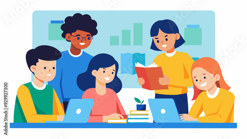 Students Collaborating: A group of students working together on a project or assignment in the classroom.
