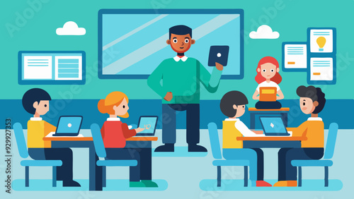 Teacher Giving Instructions: A teacher standing at the front of the classroom, giving instructions to attentive students.
