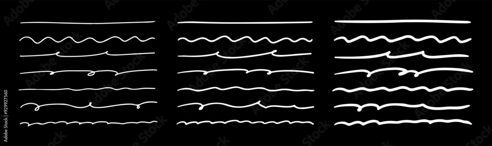 Hand drawn scribble lines. Swift crossed and wavy underlines by pen, pencil, marker. Horizontal vector strokes different thicknesses on black background Hand drawn scribble lines. Swift crossed and wavy underlines by pen, pencil, marker. Horizontal vector strokes different thicknesses on black background