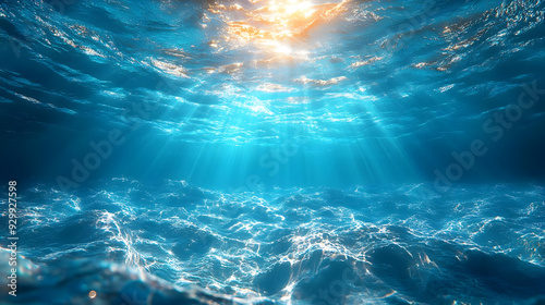 Underwater scene with sunlight rays and shimmering water surface.