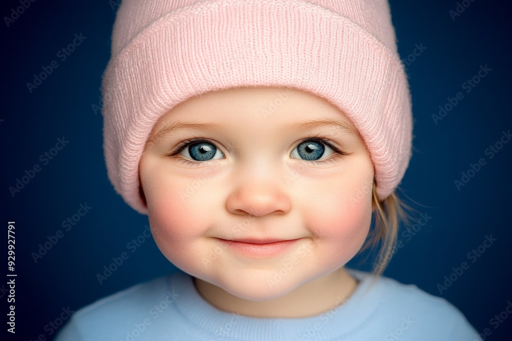 The image is an interior studio shot of a smiling child wearing a pink knitted beanie hat in a copy space. The image is an interior studio shot of a smiling child wearing a pink knitted beanie hat in a copy space.