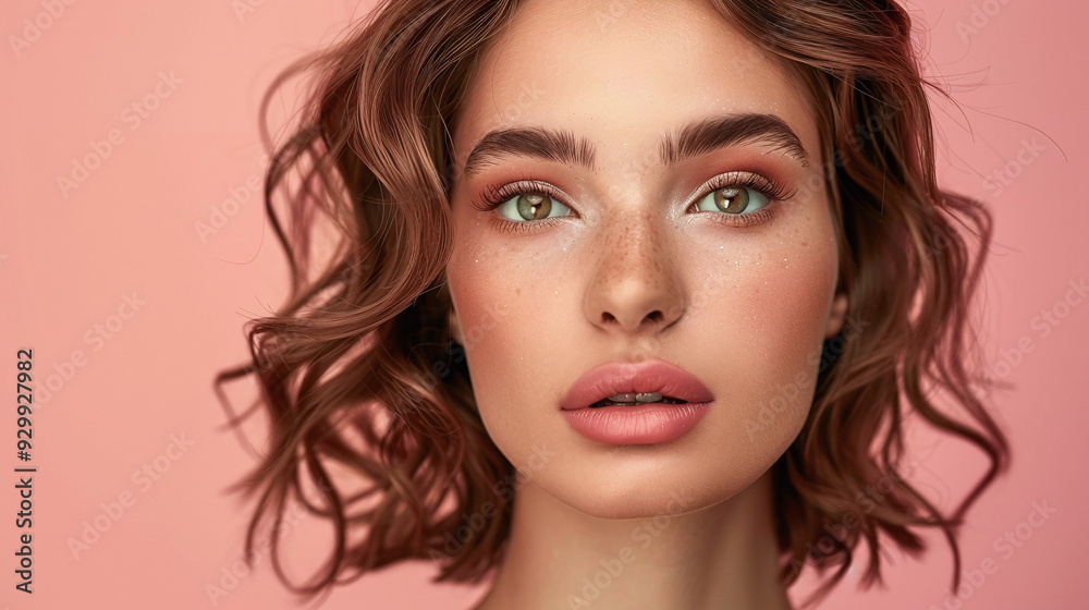 Portrait of a young female model with perfect skin and makeup on a beige studio background Portrait of a young female model with perfect skin and makeup on a beige studio background