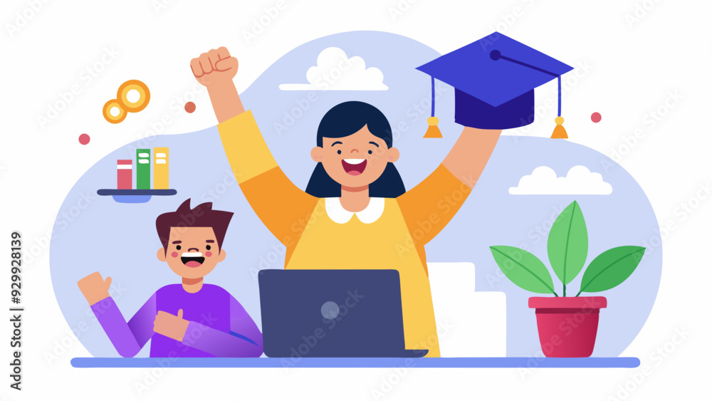 Student and Parent Celebrating Virtual Learning Success, Happy Online Education Achievement