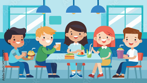 School Cafeteria Scene: Students enjoying lunch together in a school cafeteria.
