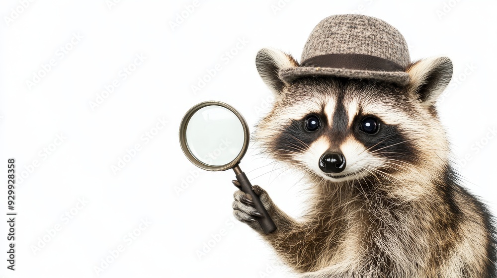 Fototapeta premium Detective raccoon with magnifying glass on transparent background, funny and curious