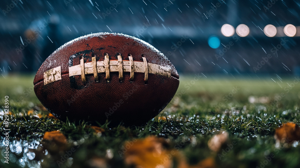 A wet football resting on the grass during a rainy game night at the stadium A wet football resting on the grass during a rainy game night at the stadium