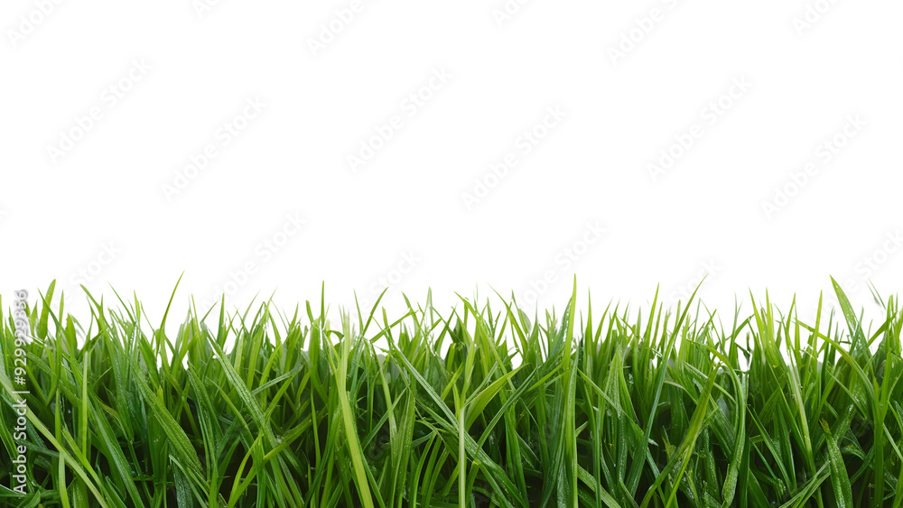 Fototapeta premium Closeup panorama banner of a meadow with green grass isolated on a transparent background PNG.