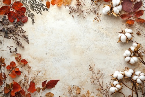 A white background with a frame of leaves and cotton flowers #929929327