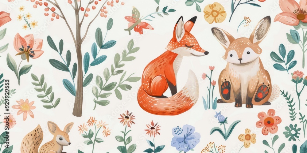 Fototapeta premium Whimsical Woodland Pattern with Foxes and Flowers