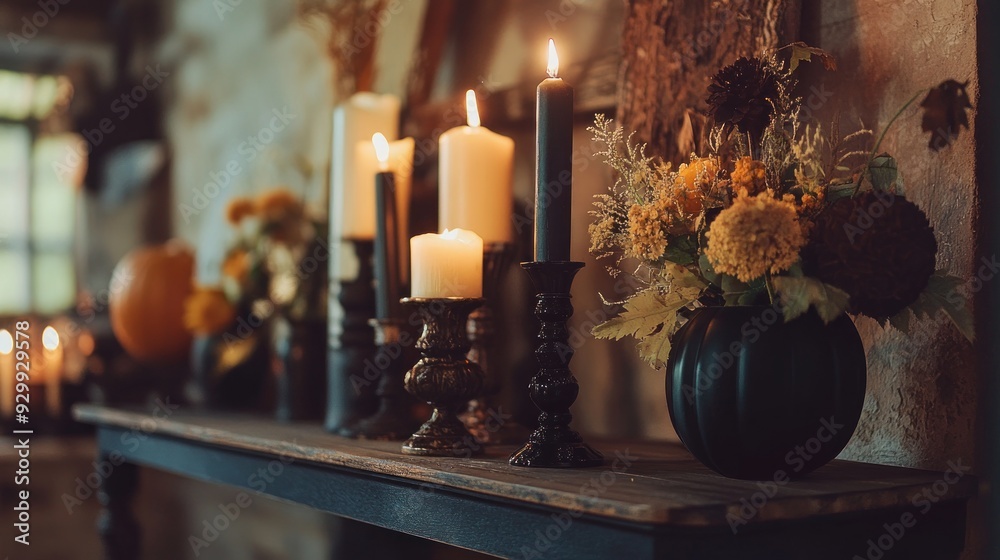 A rustic wooden table with a vase of dried flowers, three candles, and a pumpkin. A rustic wooden table with a vase of dried flowers, three candles, and a pumpkin.