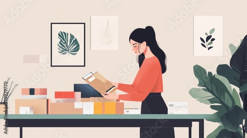 Woman Packing Orders in a Home Office